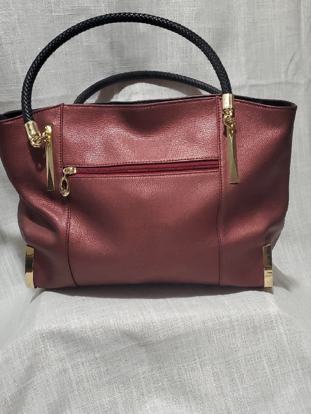 Women's Burgundy Tote with Black Braided Handles and Gold Accents - Picture 2 of 4